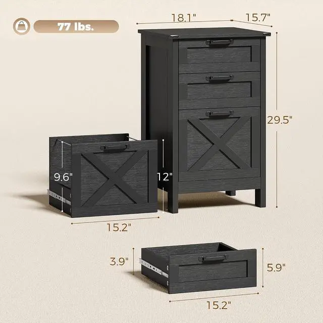 Alt view image 3 of 7 - 3 Drawer File Cabinet Printer Stand Silent Slides Distressed Black | Vertical Filing Cabinet for Hanging A4/Letter Size, Rustic Farmhouse Printer Stand with Storage, Home Office