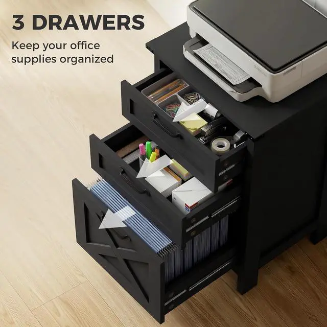 Alt view image 5 of 7 - 3 Drawer File Cabinet Printer Stand Silent Slides Distressed Black | Vertical Filing Cabinet for Hanging A4/Letter Size, Rustic Farmhouse Printer Stand with Storage, Home Office