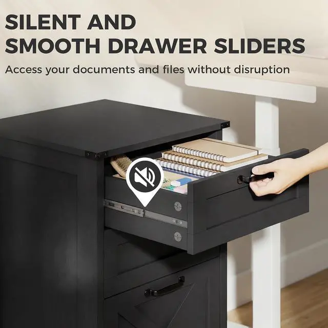 Alt view image 7 of 7 - 3 Drawer File Cabinet Printer Stand Silent Slides Distressed Black | Vertical Filing Cabinet for Hanging A4/Letter Size, Rustic Farmhouse Printer Stand with Storage, Home Office