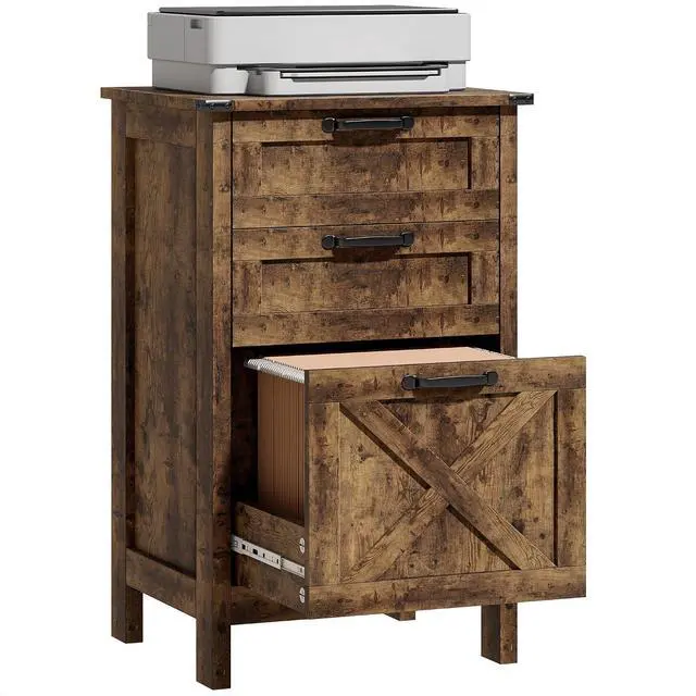 Main image of 3 Drawer File Cabinet Printer Stand Silent Slides Rustic Brown | Vertical Filing Cabinet for Hanging A4/Letter Size, Rustic Farmhouse Printer Stand with Storage, Home Office