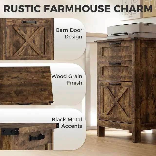 Alt view image 4 of 7 - 3 Drawer File Cabinet Printer Stand Silent Slides Rustic Brown | Vertical Filing Cabinet for Hanging A4/Letter Size, Rustic Farmhouse Printer Stand with Storage, Home Office
