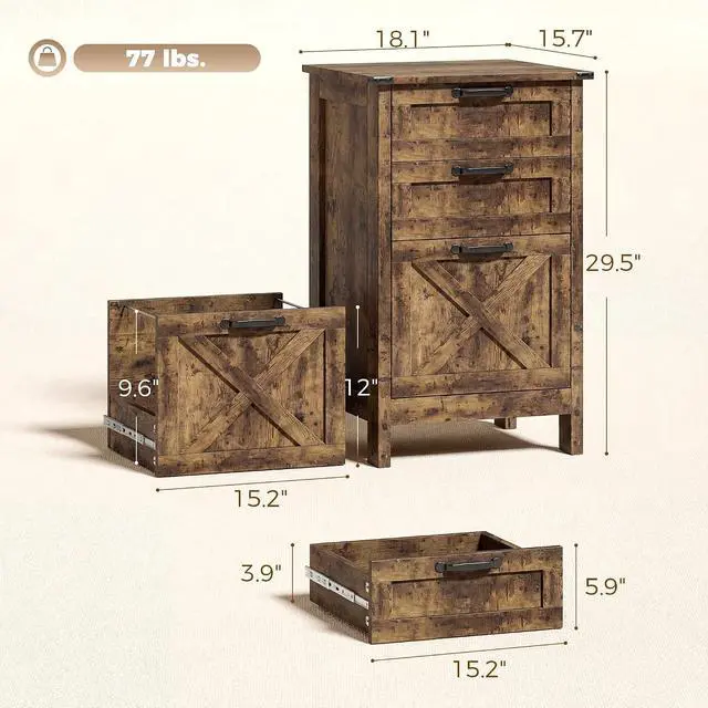 Alt view image 3 of 7 - 3 Drawer File Cabinet Printer Stand Silent Slides Rustic Brown | Vertical Filing Cabinet for Hanging A4/Letter Size, Rustic Farmhouse Printer Stand with Storage, Home Office