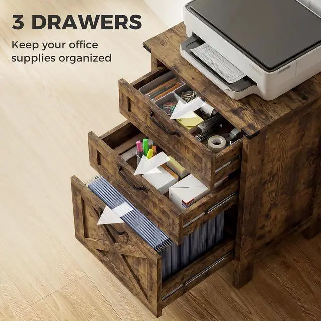Alt view image 5 of 7 - 3 Drawer File Cabinet Printer Stand Silent Slides Rustic Brown | Vertical Filing Cabinet for Hanging A4/Letter Size, Rustic Farmhouse Printer Stand with Storage, Home Office