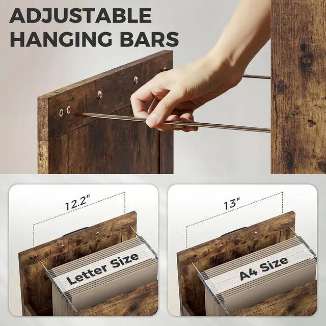 Alt view image 6 of 7 - 3 Drawer File Cabinet Printer Stand Silent Slides Rustic Brown | Vertical Filing Cabinet for Hanging A4/Letter Size, Rustic Farmhouse Printer Stand with Storage, Home Office