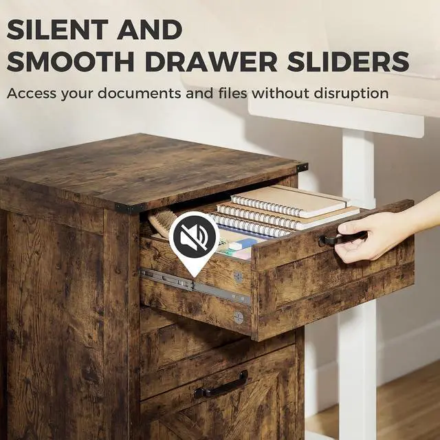 Alt view image 7 of 7 - 3 Drawer File Cabinet Printer Stand Silent Slides Rustic Brown | Vertical Filing Cabinet for Hanging A4/Letter Size, Rustic Farmhouse Printer Stand with Storage, Home Office