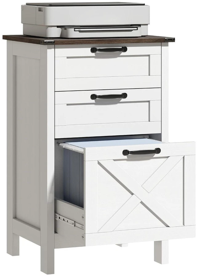 Main image of 3 Drawer File Cabinet Printer Stand Silent Slides Distressed White | Vertical Filing Cabinet for Hanging A4/Letter Size, Rustic Farmhouse Printer Stand with Storage, Home Office