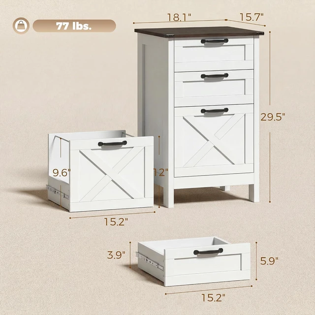 Alt view image 3 of 7 - 3 Drawer File Cabinet Printer Stand Silent Slides Distressed White | Vertical Filing Cabinet for Hanging A4/Letter Size, Rustic Farmhouse Printer Stand with Storage, Home Office