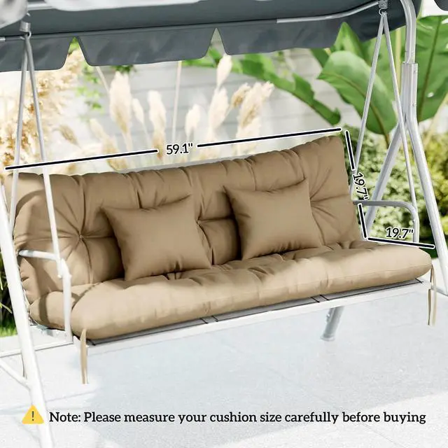 Alt view image 3 of 7 - 59" Tufted Bench Cushions & Throw Pillows 4 Piece Swing Set Khaki | Replacement Indoor/Outdoor Bench Seat Pad, Back Support, 2 Pillows for Outdoor Furniture, WITHOUT SWING