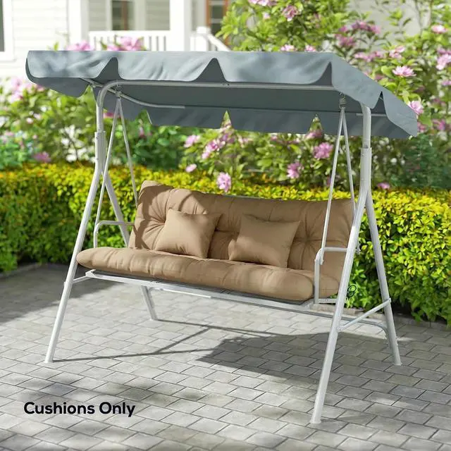 Alt view image 7 of 7 - 59" Tufted Bench Cushions & Throw Pillows 4 Piece Swing Set Khaki | Replacement Indoor/Outdoor Bench Seat Pad, Back Support, 2 Pillows for Outdoor Furniture, WITHOUT SWING