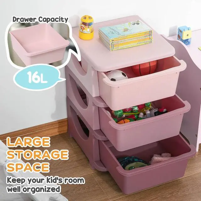 Alt view image 4 of 7 - Qaba 3 Drawers Kids Storage Unit 3 Tier Toy Organizers Pink | Stackable Storage Chest, Bedroom, Nursery, Playroom, Living Room, Boys, Girls, Toddlers