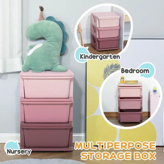 Alt view image 6 of 7 - Qaba 3 Drawers Kids Storage Unit 3 Tier Toy Organizers Pink | Stackable Storage Chest, Bedroom, Nursery, Playroom, Living Room, Boys, Girls, Toddlers