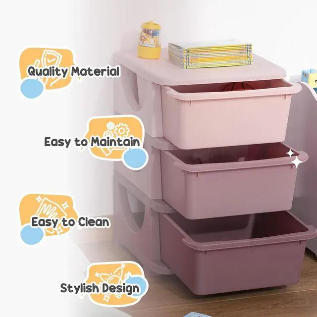 Alt view image 7 of 7 - Qaba 3 Drawers Kids Storage Unit 3 Tier Toy Organizers Pink | Stackable Storage Chest, Bedroom, Nursery, Playroom, Living Room, Boys, Girls, Toddlers