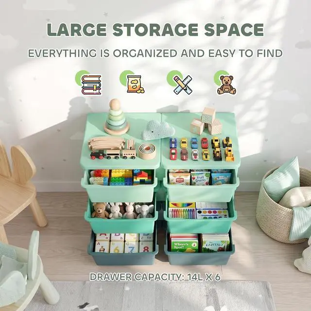 Alt view image 4 of 7 - Qaba 6 Drawers Kids Storage Unit 3 Tier Toy Organizers Green | Stackable Storage Chest, Bedroom, Nursery, Playroom, Living Room, Boys, Girls, Toddlers