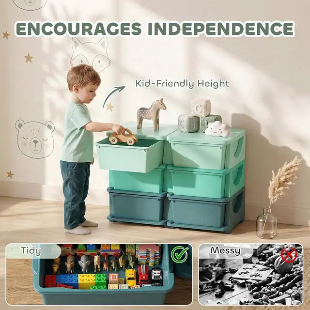 Alt view image 5 of 7 - Qaba 6 Drawers Kids Storage Unit 3 Tier Toy Organizers Green | Stackable Storage Chest, Bedroom, Nursery, Playroom, Living Room, Boys, Girls, Toddlers