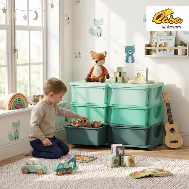 Alt view image 2 of 7 - Qaba 6 Drawers Kids Storage Unit 3 Tier Toy Organizers Green | Stackable Storage Chest, Bedroom, Nursery, Playroom, Living Room, Boys, Girls, Toddlers