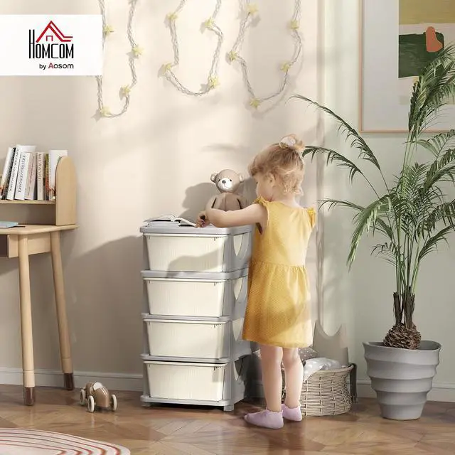 Alt view image 2 of 7 - Qaba 4 Drawers Kids Storage Unit 4 Tier Toy Organizers Cream White | Stackable Storage Chest, Bedroom, Nursery, Playroom, Living Room, Boys, Girls, Toddlers