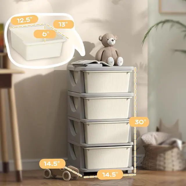 Alt view image 3 of 7 - Qaba 4 Drawers Kids Storage Unit 4 Tier Toy Organizers Cream White | Stackable Storage Chest, Bedroom, Nursery, Playroom, Living Room, Boys, Girls, Toddlers