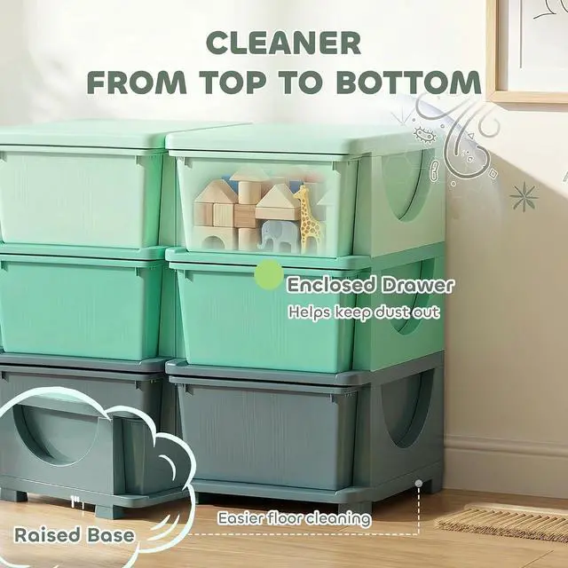 Alt view image 7 of 7 - Qaba 6 Drawers Kids Storage Unit 3 Tier Toy Organizers Green | Stackable Storage Chest, Bedroom, Nursery, Playroom, Living Room, Boys, Girls, Toddlers