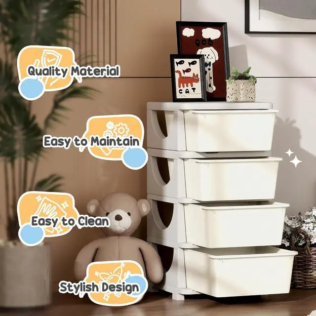 Alt view image 7 of 7 - Qaba 4 Drawers Kids Storage Unit 4 Tier Toy Organizers Cream White | Stackable Storage Chest, Bedroom, Nursery, Playroom, Living Room, Boys, Girls, Toddlers