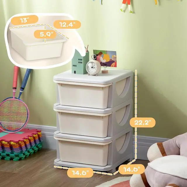 Alt view image 3 of 7 - Qaba 3 Drawers Kids Storage Unit 3 Tier Toy Organizers Cream White | Stackable Storage Chest, Bedroom, Nursery, Playroom, Living Room, Boys, Girls, Toddlers
