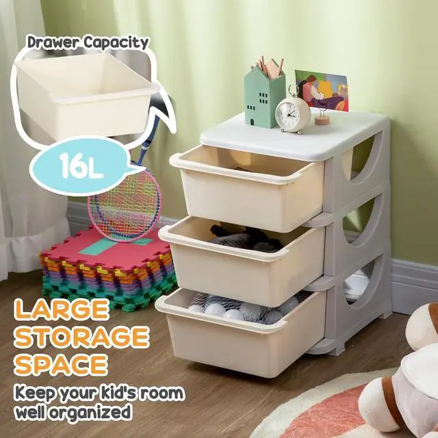 Alt view image 4 of 7 - Qaba 3 Drawers Kids Storage Unit 3 Tier Toy Organizers Cream White | Stackable Storage Chest, Bedroom, Nursery, Playroom, Living Room, Boys, Girls, Toddlers