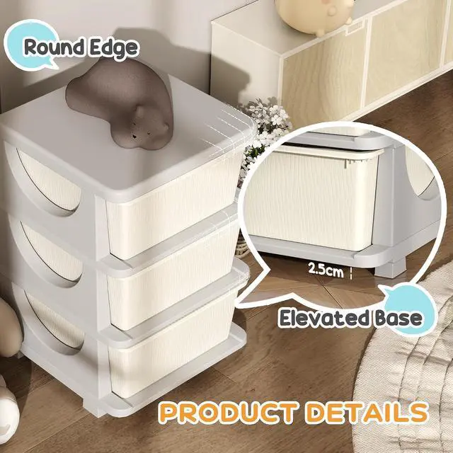 Alt view image 5 of 7 - Qaba 3 Drawers Kids Storage Unit 3 Tier Toy Organizers Cream White | Stackable Storage Chest, Bedroom, Nursery, Playroom, Living Room, Boys, Girls, Toddlers