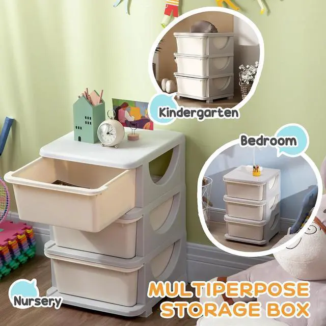 Alt view image 6 of 7 - Qaba 3 Drawers Kids Storage Unit 3 Tier Toy Organizers Cream White | Stackable Storage Chest, Bedroom, Nursery, Playroom, Living Room, Boys, Girls, Toddlers