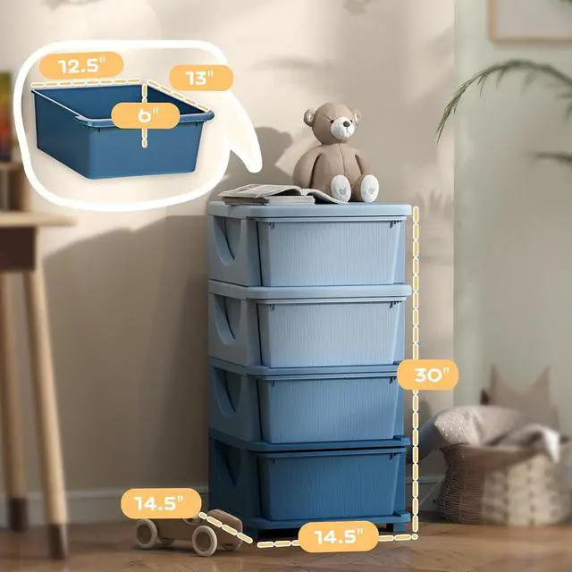 Alt view image 3 of 7 - Qaba 4 Drawers Kids Storage Unit 4 Tier Toy Organizers Blue | Stackable Storage Chest, Bedroom, Nursery, Playroom, Living Room, Boys, Girls, Toddlers