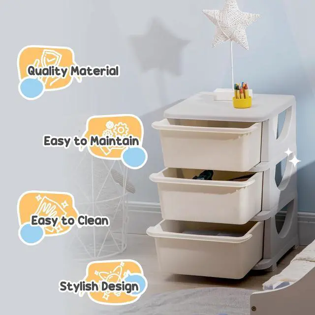 Alt view image 7 of 7 - Qaba 3 Drawers Kids Storage Unit 3 Tier Toy Organizers Cream White | Stackable Storage Chest, Bedroom, Nursery, Playroom, Living Room, Boys, Girls, Toddlers