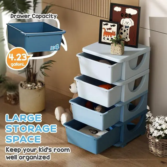 Alt view image 4 of 7 - Qaba 4 Drawers Kids Storage Unit 4 Tier Toy Organizers Blue | Stackable Storage Chest, Bedroom, Nursery, Playroom, Living Room, Boys, Girls, Toddlers