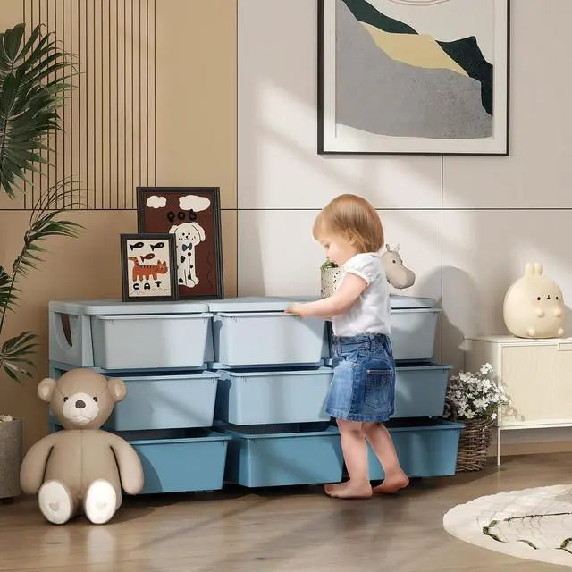Alt view image 2 of 7 - Qaba 9 Drawers Kids Storage Unit 3 Tier Toy Organizers Blue | Stackable Storage Chest, Bedroom, Nursery, Playroom, Living Room, Boys, Girls, Toddlers