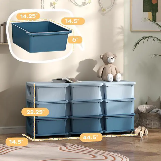 Alt view image 3 of 7 - Qaba 9 Drawers Kids Storage Unit 3 Tier Toy Organizers Blue | Stackable Storage Chest, Bedroom, Nursery, Playroom, Living Room, Boys, Girls, Toddlers
