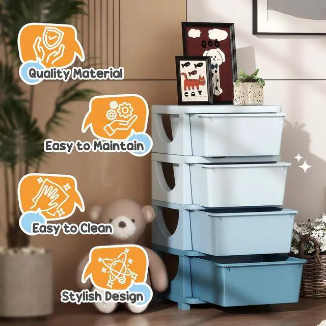 Alt view image 7 of 7 - Qaba 4 Drawers Kids Storage Unit 4 Tier Toy Organizers Blue | Stackable Storage Chest, Bedroom, Nursery, Playroom, Living Room, Boys, Girls, Toddlers