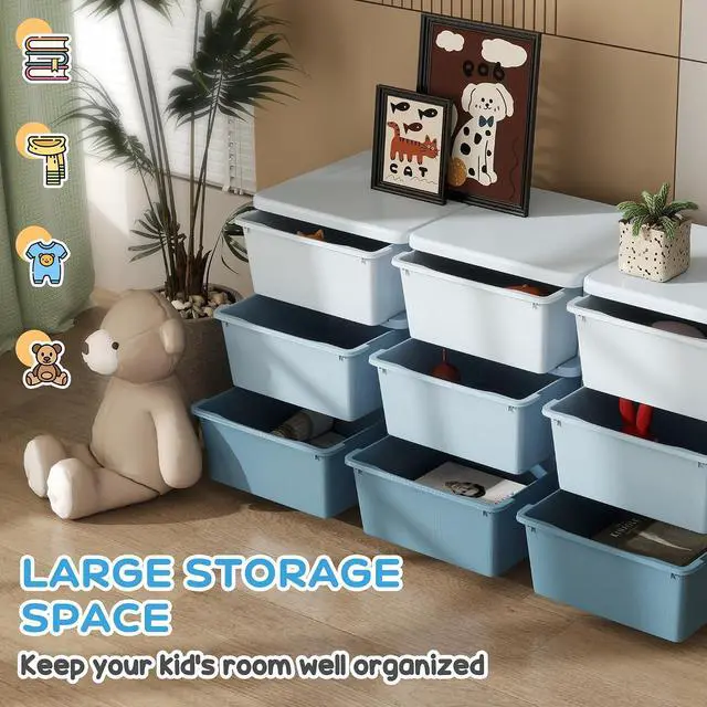 Alt view image 4 of 7 - Qaba 9 Drawers Kids Storage Unit 3 Tier Toy Organizers Blue | Stackable Storage Chest, Bedroom, Nursery, Playroom, Living Room, Boys, Girls, Toddlers