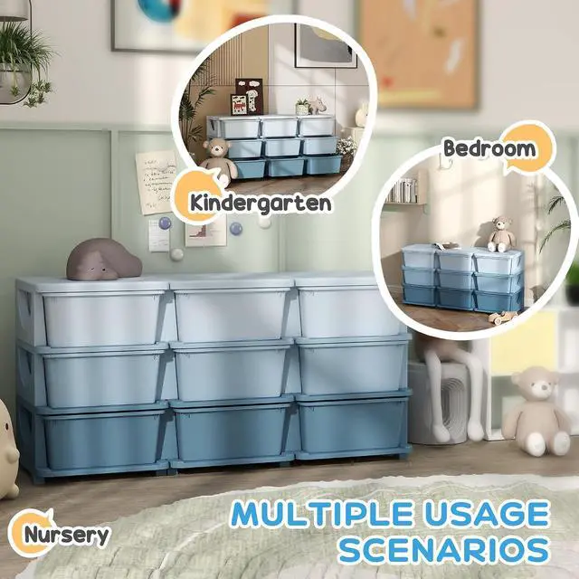 Alt view image 5 of 7 - Qaba 9 Drawers Kids Storage Unit 3 Tier Toy Organizers Blue | Stackable Storage Chest, Bedroom, Nursery, Playroom, Living Room, Boys, Girls, Toddlers