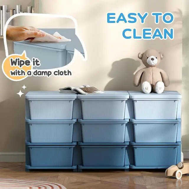 Alt view image 6 of 7 - Qaba 9 Drawers Kids Storage Unit 3 Tier Toy Organizers Blue | Stackable Storage Chest, Bedroom, Nursery, Playroom, Living Room, Boys, Girls, Toddlers