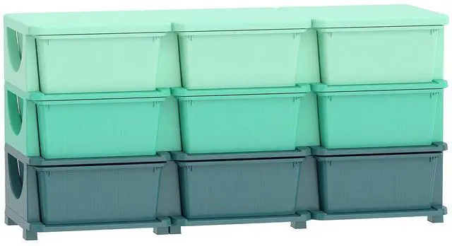 Main image of Qaba 9 Drawers Kids Storage Unit 3 Tier Stackable Toy Organizers Green | Stackable Storage Chest, Bedroom, Nursery, Playroom, Living Room, Boys, Girls, Toddlers