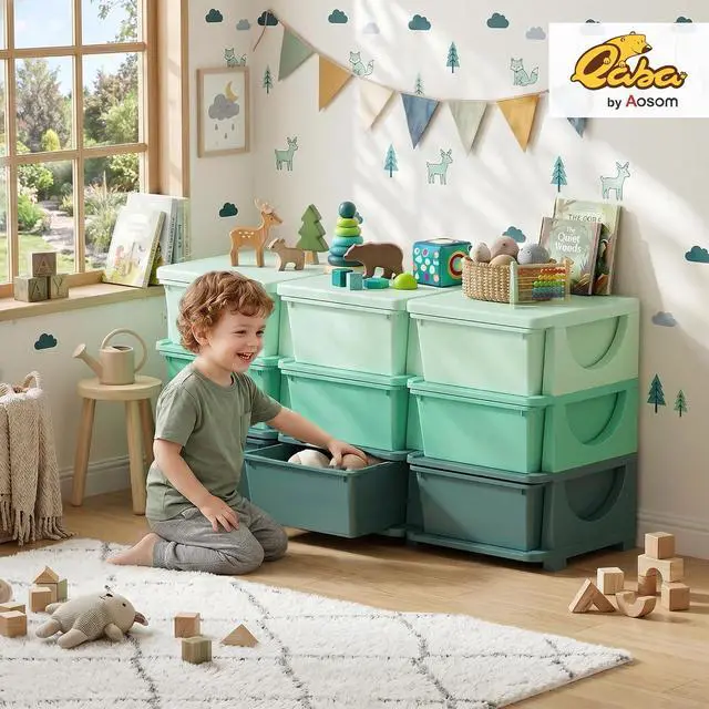 Alt view image 2 of 7 - Qaba 9 Drawers Kids Storage Unit 3 Tier Stackable Toy Organizers Green | Stackable Storage Chest, Bedroom, Nursery, Playroom, Living Room, Boys, Girls, Toddlers