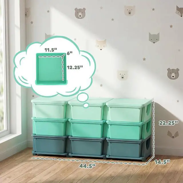 Alt view image 3 of 7 - Qaba 9 Drawers Kids Storage Unit 3 Tier Stackable Toy Organizers Green | Stackable Storage Chest, Bedroom, Nursery, Playroom, Living Room, Boys, Girls, Toddlers