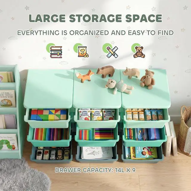 Alt view image 4 of 7 - Qaba 9 Drawers Kids Storage Unit 3 Tier Stackable Toy Organizers Green | Stackable Storage Chest, Bedroom, Nursery, Playroom, Living Room, Boys, Girls, Toddlers