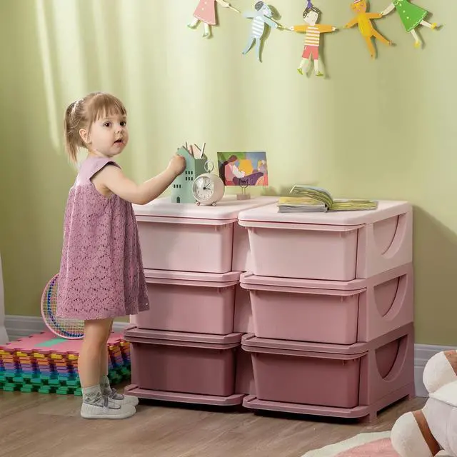 Alt view image 2 of 7 - Qaba 6 Drawers Kids Storage Unit 3 Tier Toy Organizers Pink | Stackable Storage Chest, Bedroom, Nursery, Playroom, Living Room, Boys, Girls, Toddlers
