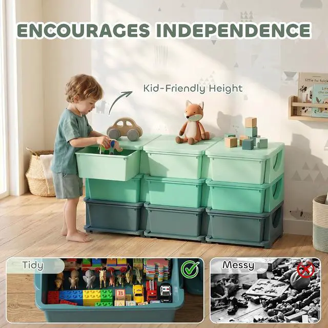 Alt view image 5 of 7 - Qaba 9 Drawers Kids Storage Unit 3 Tier Stackable Toy Organizers Green | Stackable Storage Chest, Bedroom, Nursery, Playroom, Living Room, Boys, Girls, Toddlers