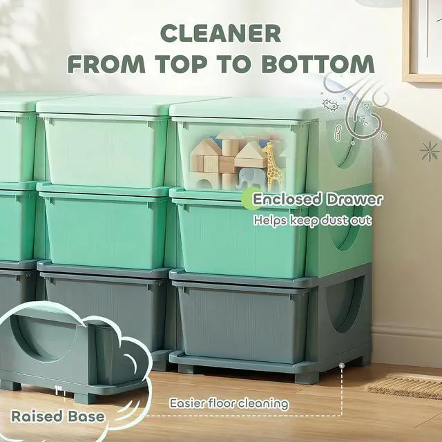 Alt view image 7 of 7 - Qaba 9 Drawers Kids Storage Unit 3 Tier Stackable Toy Organizers Green | Stackable Storage Chest, Bedroom, Nursery, Playroom, Living Room, Boys, Girls, Toddlers