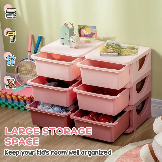 Alt view image 4 of 7 - Qaba 6 Drawers Kids Storage Unit 3 Tier Toy Organizers Pink | Stackable Storage Chest, Bedroom, Nursery, Playroom, Living Room, Boys, Girls, Toddlers