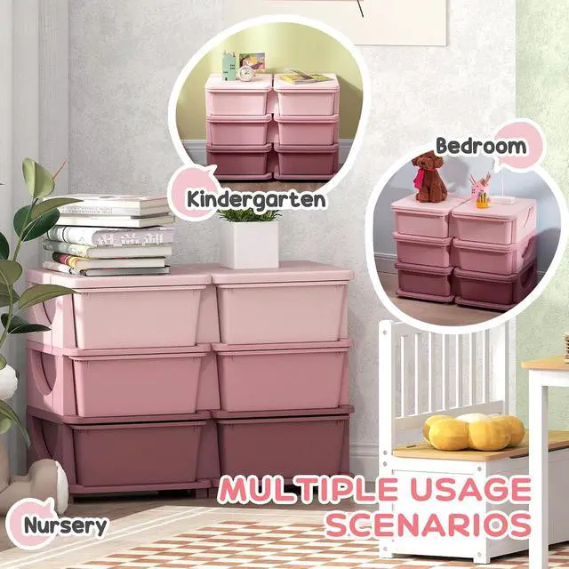 Alt view image 5 of 7 - Qaba 6 Drawers Kids Storage Unit 3 Tier Toy Organizers Pink | Stackable Storage Chest, Bedroom, Nursery, Playroom, Living Room, Boys, Girls, Toddlers