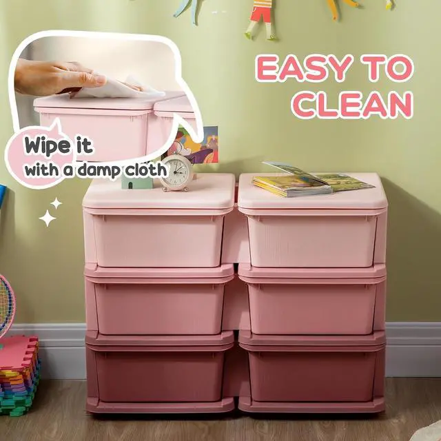 Alt view image 6 of 7 - Qaba 6 Drawers Kids Storage Unit 3 Tier Toy Organizers Pink | Stackable Storage Chest, Bedroom, Nursery, Playroom, Living Room, Boys, Girls, Toddlers