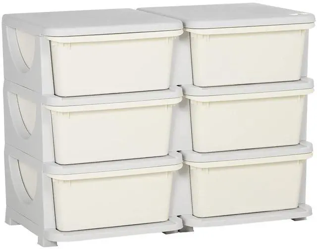 Main image of Qaba 6 Drawers Kids Storage Unit 3 Tier Toy Organizers Cream White | Stackable Storage Chest, Bedroom, Nursery, Playroom, Living Room, Boys, Girls, Toddlers