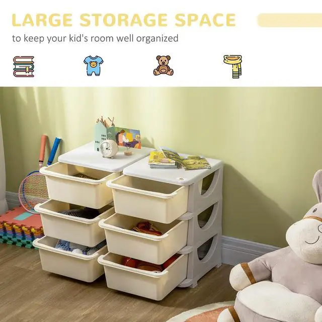 Alt view image 4 of 7 - Qaba 6 Drawers Kids Storage Unit 3 Tier Toy Organizers Cream White | Stackable Storage Chest, Bedroom, Nursery, Playroom, Living Room, Boys, Girls, Toddlers