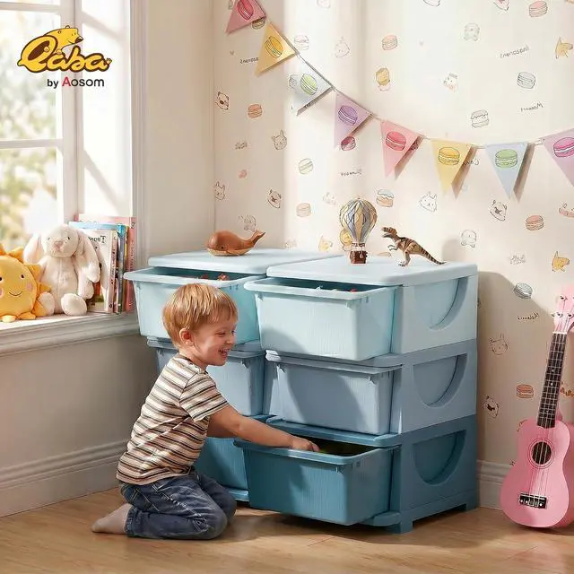 Alt view image 2 of 7 - Qaba 6 Drawers Kids Storage Unit 3 Tier Toy Organizers Blue | Stackable Storage Chest, Bedroom, Nursery, Playroom, Living Room, Boys, Girls, Toddlers