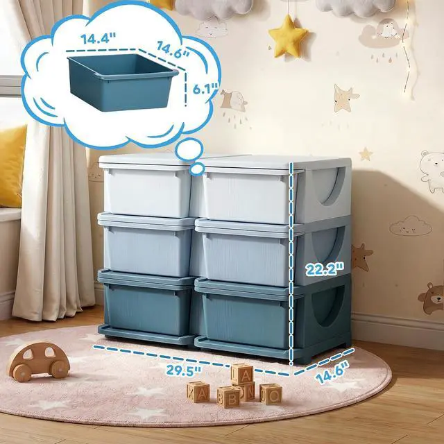 Alt view image 3 of 7 - Qaba 6 Drawers Kids Storage Unit 3 Tier Toy Organizers Blue | Stackable Storage Chest, Bedroom, Nursery, Playroom, Living Room, Boys, Girls, Toddlers